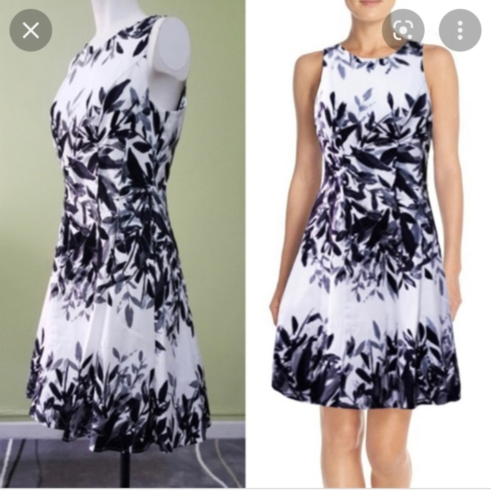 Maggy London Black Leaf Fit & Flare dress; keyhole back; knee length